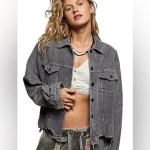 POL Gray Corduroy Jacket Shacket Raw Hem Oversized Casual Grunge Medium